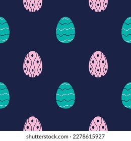 Geometric seamless pattern with decorative Easter eggs for printing on textiles and packaging. Happy easter. Simple texture on a dark background.