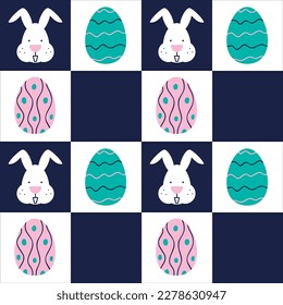 Geometric seamless pattern with decorative Easter eggs and bunnies for printing on textiles and packaging. Checkered texture with various Easter elements. Flat illustration. The head of a cute rabbit.