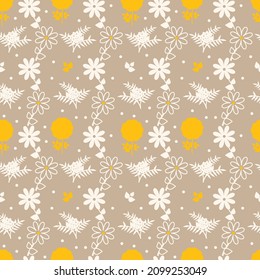 Geometric seamless pattern "Delicate flowers". A pattern in gentle pastel colors of silhouettes of daisies, mimosa and rose hips. Rosehip is a bright yellow accent pattern