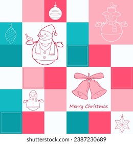 Geometric seamless pattern design for christmas and new year celebration. Snowmen and Christmas tree ornaments. 