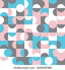 Geometric seamless pattern design with circles, half circles and squares, modern vibrant and colorful repeat background for web and print