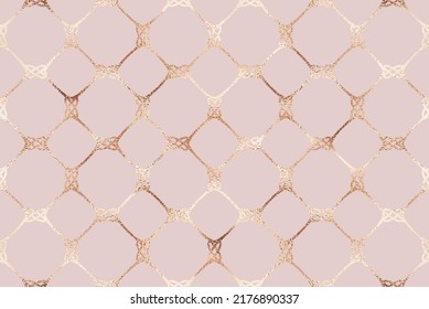 Diseño de patrones geométricos sin fisuras con azulejos decorativos de rejilla de oro rosa.