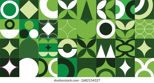 Geometric seamless pattern design in green eco organic color for print, textile. Bauhaus retro background, vector flat abstract circle, triangle and square line art