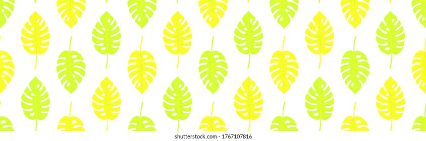 Geometric seamless pattern with diagonal rows of monstera tropical leaves with veins. Repeat symmetrical botanical pattern. Vector illustration.