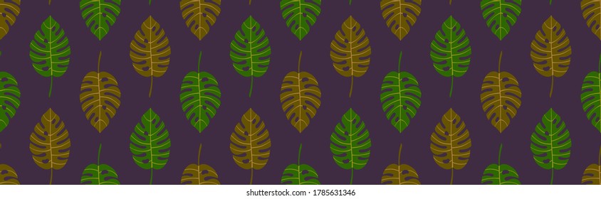 Geometric seamless pattern with diagonal rows of monstera tropical leaves with veins. Repeat symmetrical botanical pattern. Vector illustration.