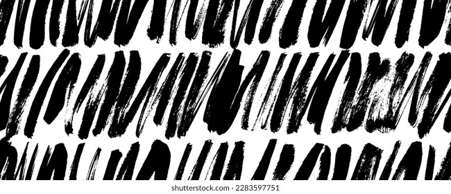 Geometric seamless pattern with diagonal short strokes. Freehand striped texture. Rough grunge wallpaper or banner. Vector black and white brush drawn strokes. Sloppy thick vertical lines in a row.