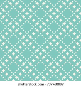 Geometric seamless pattern with diamond shapes, different rhombuses, stars in diagonal square grid. Abstract background in trendy pastel colors, aqua green and beige. Repeat design. - Stock vector