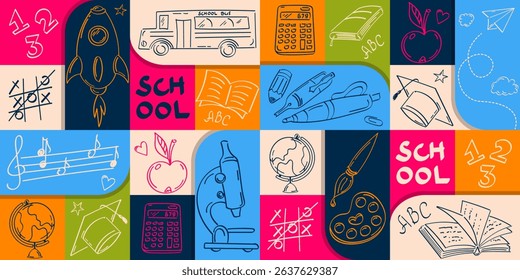 Geometric seamless pattern with doodle drawings on the theme of education.