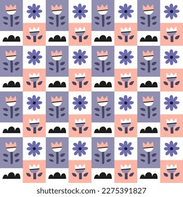 Patrón geométrico sin soldadura con flores de doodle, nubes al estilo escandinavo. Antecedentes del escándalo floral.
