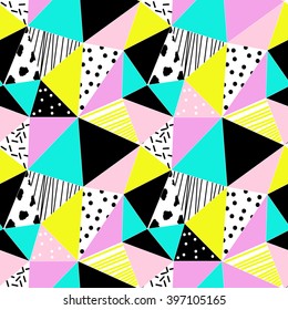 Geometric seamless pattern with dots, stripes and triangles. Polygon vector illustration. 