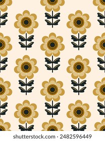 Geometrische nahtlose Musterzeichnung von Sonnenblumen, Sommerfeld, Gelb abstrakte Blumen, Vektorillustration