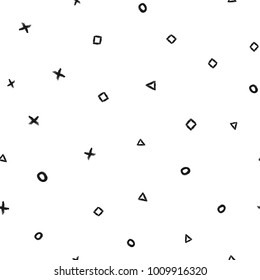 Geometric seamless pattern drawn by hand. Repeated circles, triangles, crosses and squares. Grunge, sketch, graffiti, watercolor. Modern vector illustration.