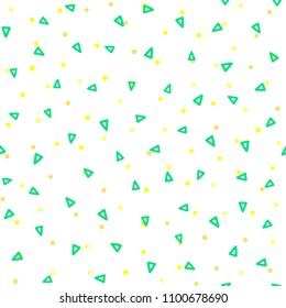 Geometric seamless pattern drawn by hand. Repeating triangles and irregular polka dot. Sketch, doodle. Endless print for children. Vector illustration.