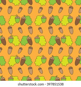 Geometric seamless pattern in ecological style with oak leaves and acorns. Wallpaper. Wrapping paper. Scrapbook. Vector illustration. Background. Graphic texture for your design.