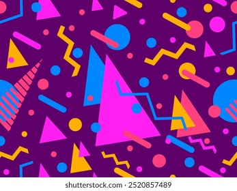 Geometric seamless pattern with elements of 80s memphis style. Geometric shapes circles, triangles and zigzags. Abstract design for print, wrappers, covers, banners and posters. Vector illustration