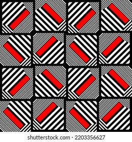 Geometric seamless pattern with elements of optical illusions. Abstract composition executed in form of white, red and black squares. Original striped texture. Style opt art. Vector.