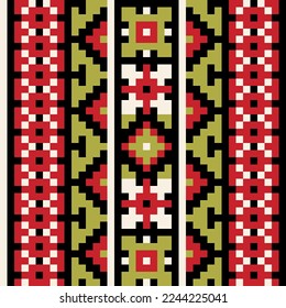 Geometric seamless pattern for embroidery, fabric, wrapping. Each ornament can be used on its own as a seamless geometric border. You can change the color of the pixels. Vector illustration.