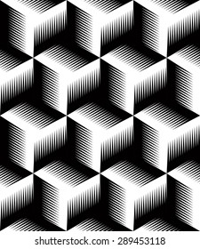 Geometric seamless pattern, endless black and white vector regular background. Abstract covering with 3d superimpose figures.