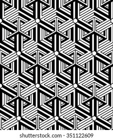 Geometric seamless pattern, endless black and white vector regular background. Abstract wallpaper with 3d overlay figures.