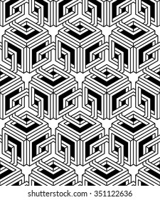 Geometric seamless pattern, endless black and white vector regular background. Abstract wallpaper with 3d overlay figures.
