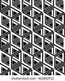 Geometric seamless pattern, endless black and white vector regular background. Abstract covering with 3d superimpose figures.