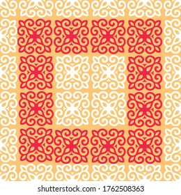 Geometric seamless pattern with ethnic element. Kyrgyz and Kazakh ornaments. Texture for background; wallpaper; pattern fills; fabrics; gift wrapping; textile. Design Paper For Scrapbook. Vector.