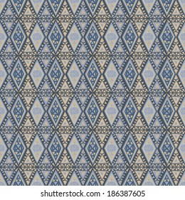 Geometric seamless pattern in ethnic style. Structure of triangles, circles, and polygons. Vector. 