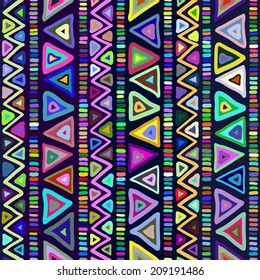 Geometric seamless pattern in ethnic style. Bright colorful shapes triangles, strips and zigzags on a dark background, vector.