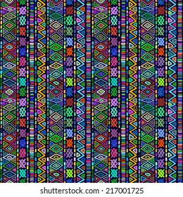 Padrão geométrico perfeito em estilo étnico. Estrutura multicolorida brilhante de formas geométricas. Triângulos, listras, retângulos, ziguezague.
