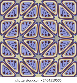 Geometric seamless pattern in ethnic style. Delicate violet grey colours. Old mosaic triangles tiles with oriental pattern. For wallpaper, textile.