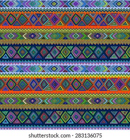 Geometric seamless pattern in ethnic style. Color graphics, diamonds, triangles, zigzags, stripes, painted by hand.