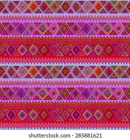 Geometric seamless pattern in ethnic style. Color graphics, diamonds, triangles, zigzags, stripes, painted by hand.