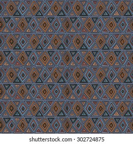 Geometric seamless pattern in ethnic style. The structure of classical bright folk motifs of triangles and lozenges, painted hands.