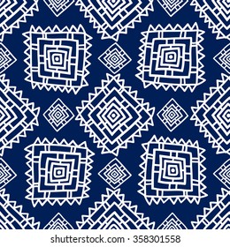 Geometric seamless pattern in ethnic style. Blue and white graphics, diamonds, triangles, painted by hand. or the design and decoration background, wallpaper, packaging, fabrics, textiles.