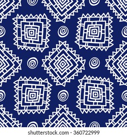 Geometric seamless pattern in ethnic style. The structure of classical folk motifs on a blue background. Patterned squares and circles.