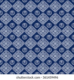 Geometric seamless pattern in ethnic style. The structure of classical folk motifs on a blue background. Patterned squares and circles.