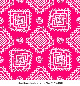 Geometric seamless pattern in ethnic style. The structure of classical folk motifs on a pink background. Patterned squares and circles.