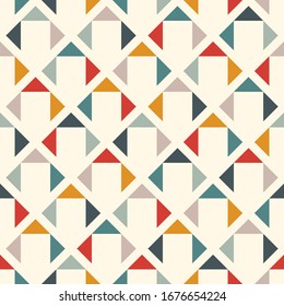 Geometric seamless pattern. Ethnic, tribal suface print. Diamond grid motif ornament. Repeated mini triangle background. Simple geo ornamental wallpaper. Minimalist style vector abstract digital paper