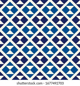 Geometric seamless pattern. Ethnic, tribal suface print. Diamond grid motif ornament. Repeate hourglass, triangle shapes background. Simple geo ornamental wallpaper. Vector abstract digital paper