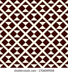 Geometric seamless pattern. Ethnic, tribal suface print. Diamond grid motif ornament. Repeate hourglass, triangle shapes background. Simple geo ornamental wallpaper. Vector abstract digital paper