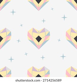 Patrón geométrico sin fisuras de cristales facetados y Formas de diamantes dispuestas en una cuadrícula precisa para formar corazones abstractos, una textura de Vector de diseño plano ideal para el embalaje de joyas y el diseño de San Valentín.