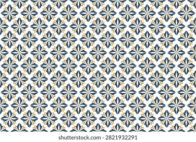 Geometric seamless pattern features stylized floral motifs. Dark blue and gold tones create a luxurious look