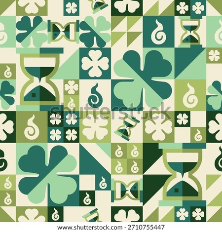 A geometric seamless pattern featuring four-leaf clovers, hourglasses, and abstract tiles in green and cream tones. The flat vector style creates a clean decorative look suitable for backgrounds.