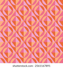 Geometric seamless pattern featuring interlocking circles and rhombuses in shades of orange, pink, and peach. Creates an optical illusion effect, suitable for textiles, wallpapers, backgrounds.