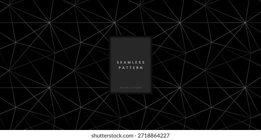 Padrão geométrico sem costura com linhas triangulares prateadas sobre um fundo preto, criando uma textura monocromática sofisticada para projetos de design modernos e cenários elegantes