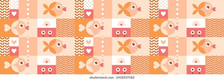 Geometric seamless pattern with fish, seaweed, elements of underwater world. Abstract modern background in minimal style for seafood, city aquariums, interior tiles and cloth. Vector illustration