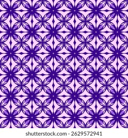Geometric seamless pattern with floral elements in purple and blue tones. Symmetrical design, abstract tessellation, perfect for backgrounds, textiles, and digital art.