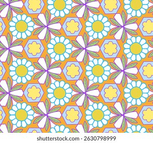 Geometric seamless pattern with floral elements. Suitable for fabric, wallpaper, wrapping paper and much more.
