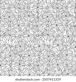 Geometric seamless pattern with floral tiling - hand drawn black and white vector illustration.