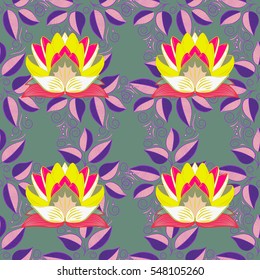 Geometric seamless pattern with flower in blue colors on dark background with yellow and red lotus.
